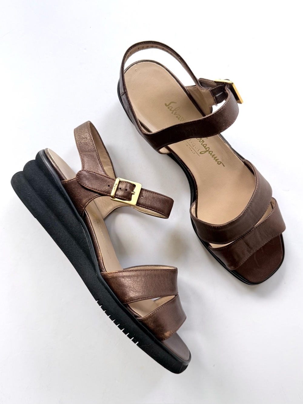 Ferragamo Metallic Bronze Leather Wedge Ankle Strap Sandals 7.5